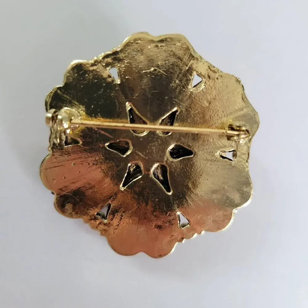 Vintage Brooch Black Shamrock Stacked Onyx Style Zircons Faux Pearl Gold Tone